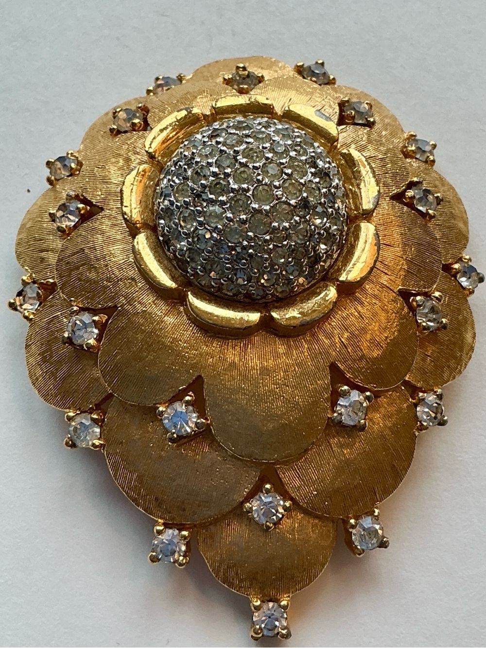 Dramatic Dome Brushed Gold Tone Rhinestone Pave’ MCM Pin Brooch Striking 2” Big